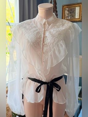 Sheer white Lace Ruffle sheer Blouse with Black Satin Tie